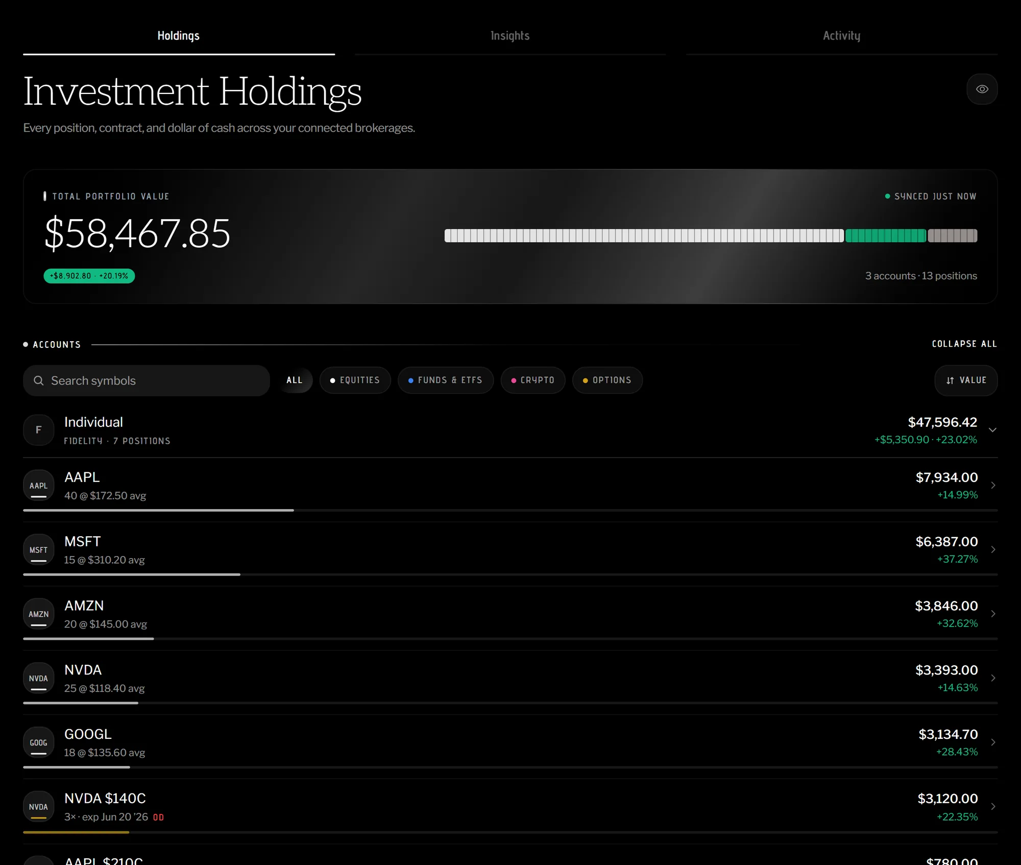 Investment Holdings: a $58,467 portfolio across three accounts with live positions — AAPL, MSFT, AMZN, NVDA, GOOGL and option contracts — each with value and gain.